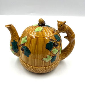 Majolica Pottery Occupied Japan Teapot Acorn Forest Squirrel Handle Ceramic